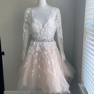 Jovani midi long sleeve wedding dress in white/nude